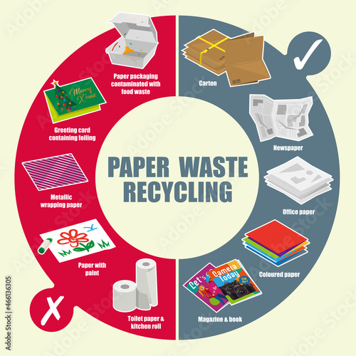 Vector diagram of recyclable and non-recyclable paper waste items
