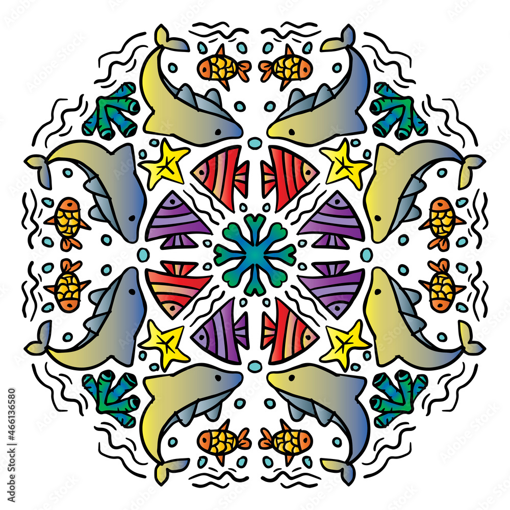 Vector circle of mandala with dolphin sea animals ornament pattern.