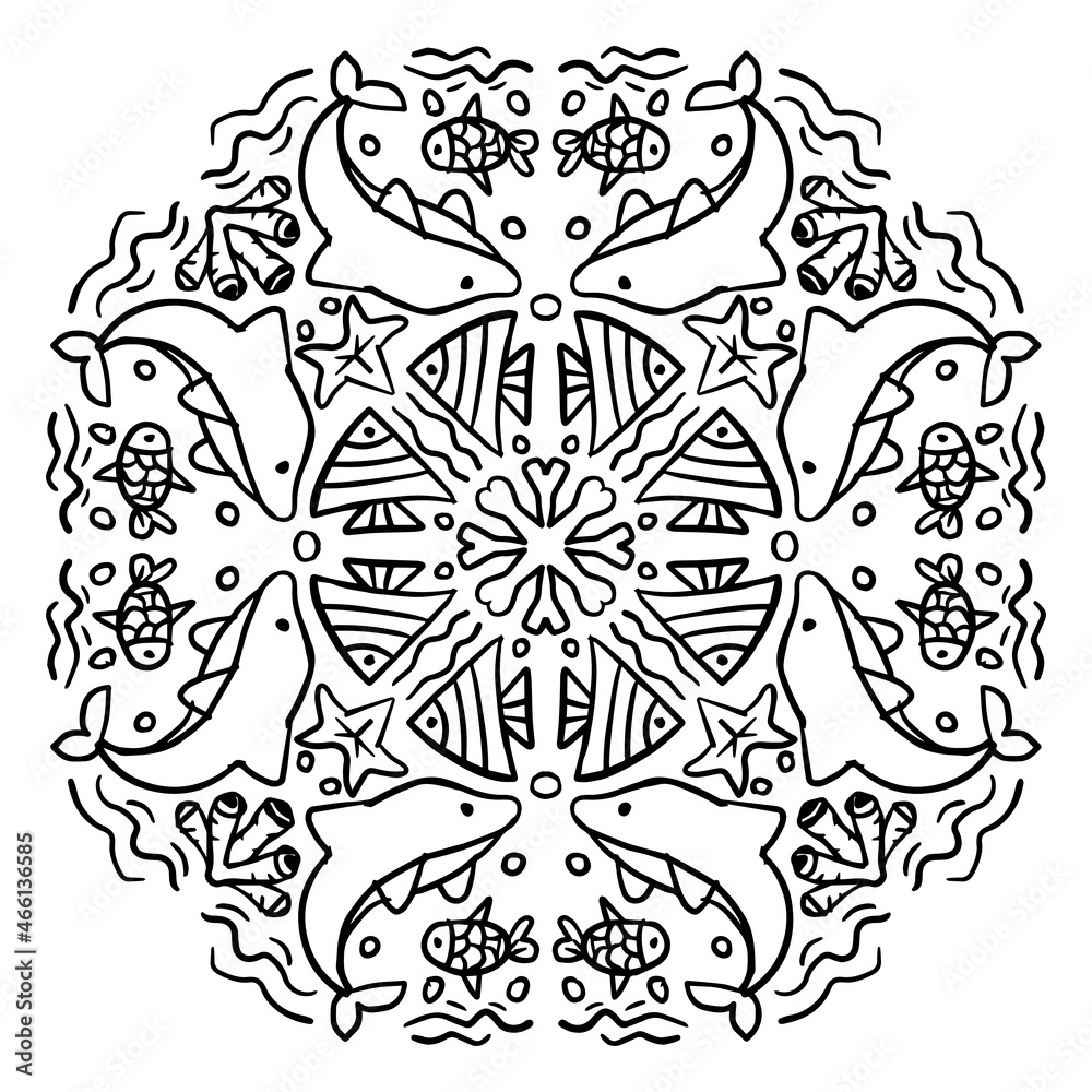 Vector circle of mandala with dolphin sea animals ornament pattern.