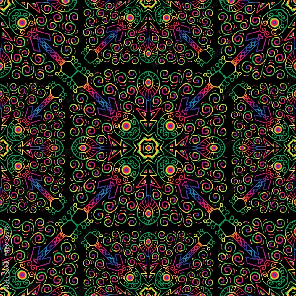 Mandala seamless pattern background with guitar music ornament.