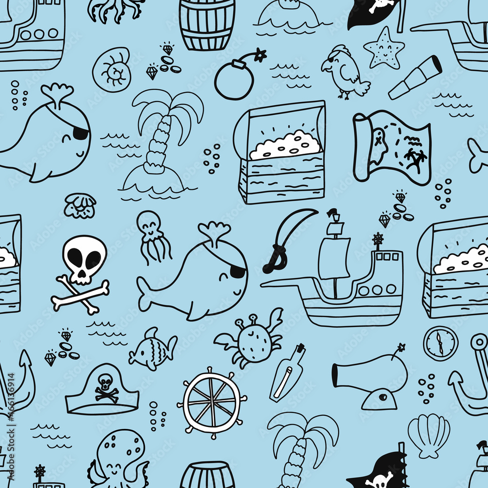 Vector seamless pattern with doodle pirate and nautical elements. Cute ...
