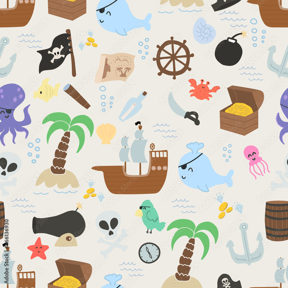 Vector seamless pattern with doodle pirate and nautical elements. Cute ...