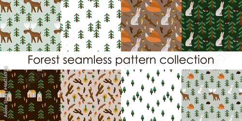 Forest animals seamless pattern. Hand drawn cartoon scandinavian style set, cute scandi elk and fox, bird and hare. Woodland decor textile, wrapping paper wallpaper vector print or fabric