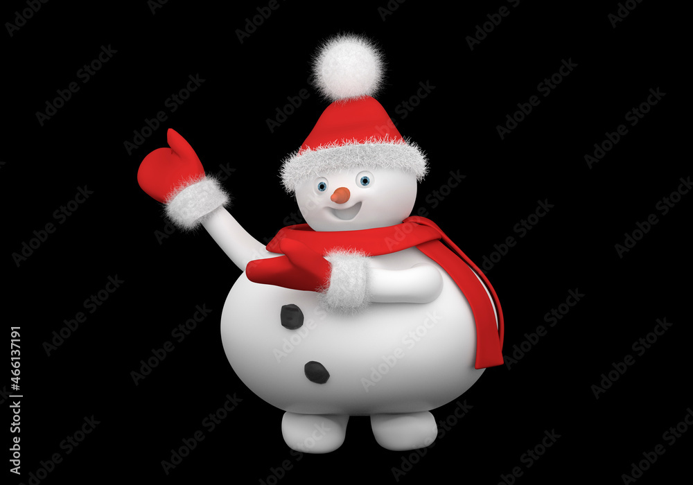 Cute and funny snowman character pointing to the side. Cartoon snowman isolated on a black background. For Christmas and New Year. 3D Render