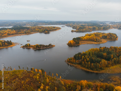 Fototapeta Naklejka Na Ścianę i Meble -  Aerial autumnal landscape of islands with orange, yellow and green trees among the lake. Cloudy sky. Karelian nature, Russia. Autumn season. Photo from the drone.