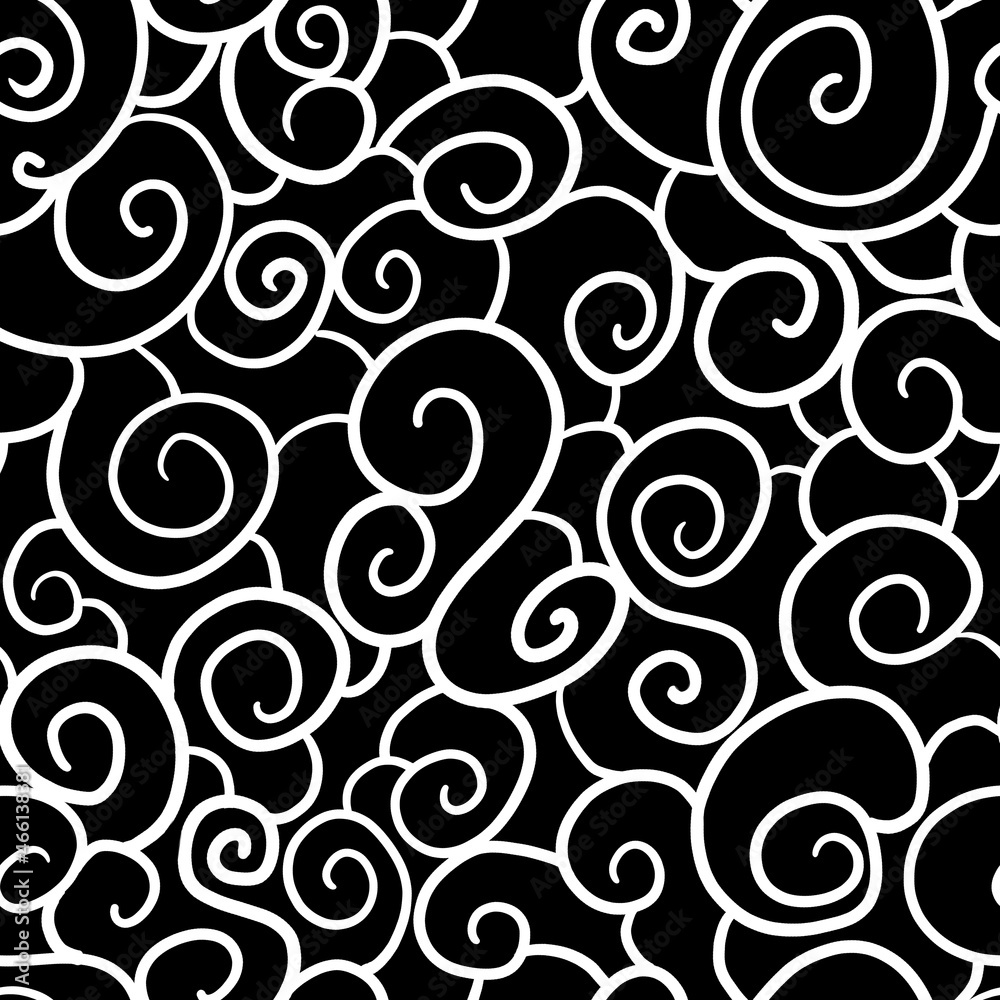 Obraz premium Seamless pattern with white curls, spirals, smooth lines on a black background. Black and white doodle print. For printing on fabric, packaging design.
