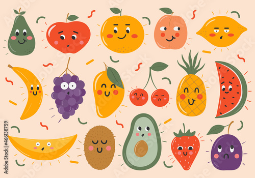 Set of cute and funny fruits and berries with various face expression. Organic healthy food showing emotions. Colorful kawaii doodle characters. Hand drawn vector illustration