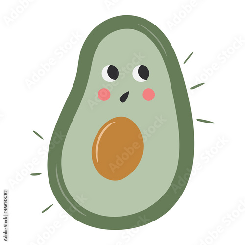 Cute and funny avocado with astonished face expression. Organic healthy food showing emotion. Kawaii doodle character being surprised. Hand drawn fruit vector illustration