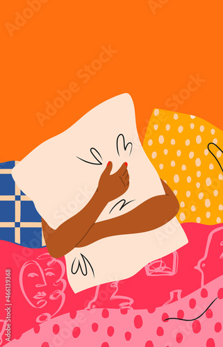 Girl hiding her face with soft pillow, lying in bed under the blanket. Top view. Beautiful young woman covering her face with pillow. Hand drawn modern Vector illustration. Relax, coziness concept