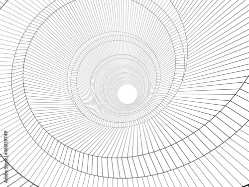 Outline wire frame spiral interior model, wide angle perspective view