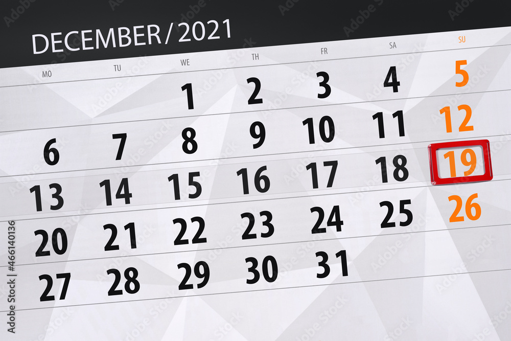 Fototapeta premium Calendar planner for the month december 2021, deadline day, 19, sunday