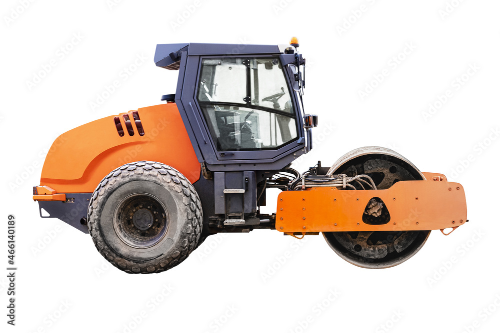 Heavy-duty vibratory roller for asphalt paving on white isolated background. Road construction equipment. Image of a road roller for design.