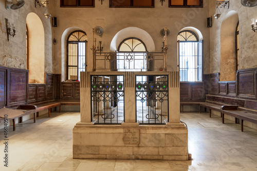 Interior of historic Jewish Maimonides Synagogue or Rav Moshe Synagogue with altar, arched windows and chandelier in Gamalia district, Cairo Egypt photo