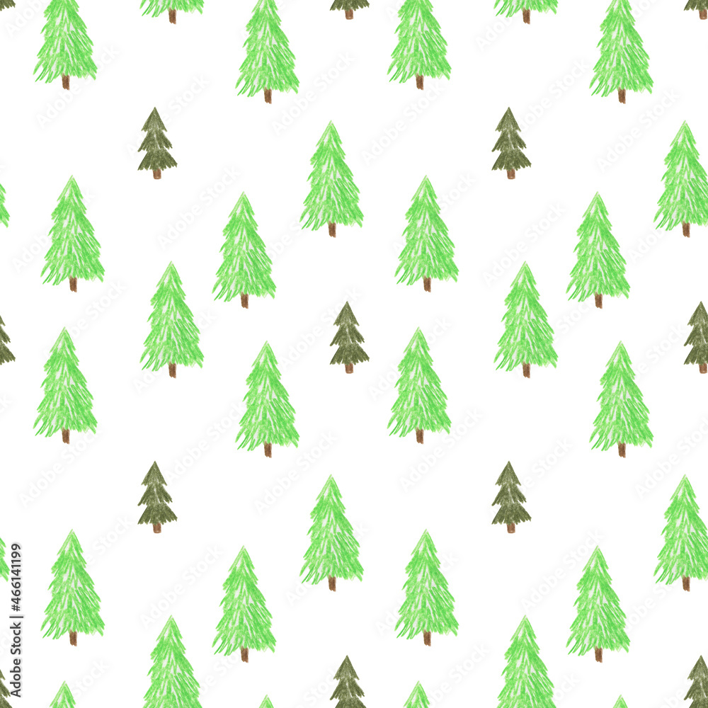 Hand drawn seamless pattern with fir trees
