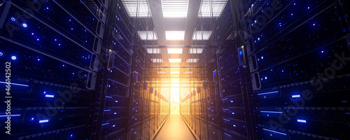 Server racks in computer network security server room datacenter. Modern interior server room data center. A bright orange light at the end of the hallway. 3d rendering