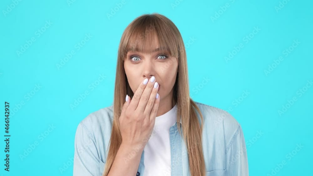 Secretive lady hand cover mouth forbidden obscene language concept Secretive lady hand cover mouth forbidden obscene language concept