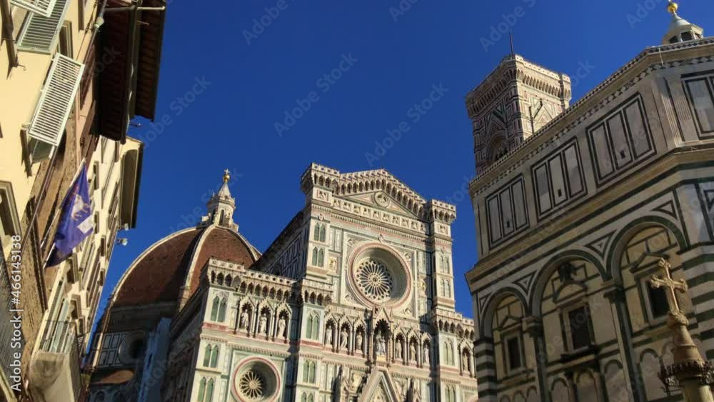 Dome of Santa Maria del Fiore Cathedral in Florence - Firenze, Tuscany, Italy with deep blue sky. Panning shot video. Dome of Santa Maria del Fiore Cathedral in Florence - Firenze, Tuscany, Italy with deep blue sky. Panning shot video.