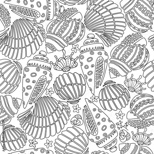Seamless pattern. Hand drawn coloring page for kids and adults. Summer beach, sea shells, starfish, ocean. Beautiful drawing with patterns and small details. Coloring book pictures. 