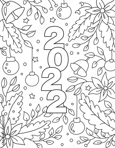 Hand drawing coloring page for kids and adults. Holiday greeting New Year 2021. Beautiful drawing with patterns and small details. Coloring pictures letter 8.5 x 11 format. Vector photo