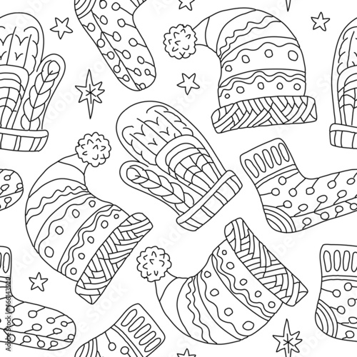 New Year, Christmas seamless pattern. Hand drawing coloring page for kids and adults. Winter Holidays. Beautiful drawing with patterns and small details. Coloring mandala. Gloves, hat, socks