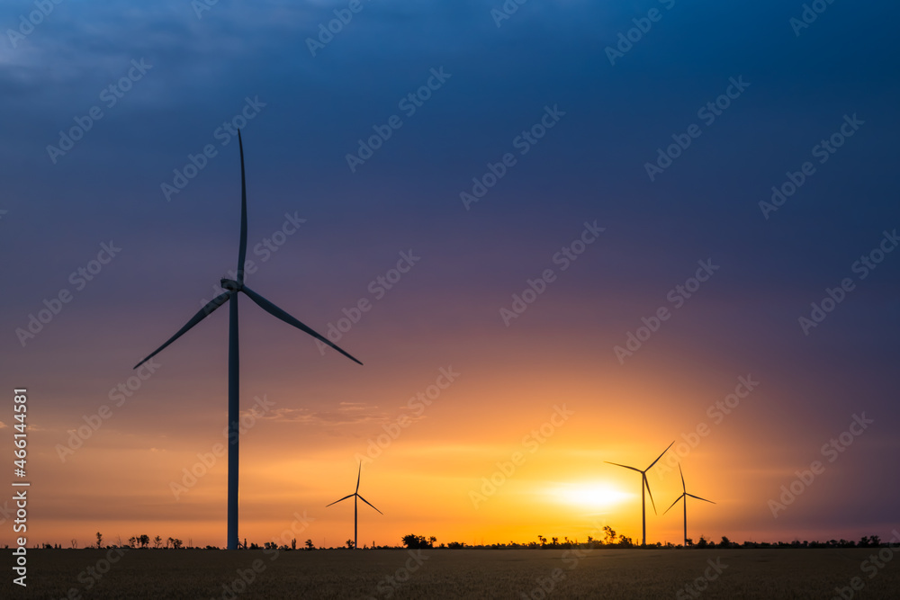 Obraz premium Wind turbines at dawn. Picturesque view of the wind power generator. Production of environmentally friendly energy.