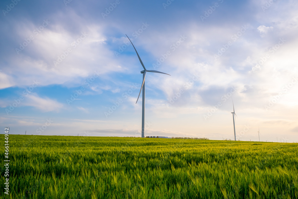 Wind farm in a picturesque field of unripe wheat against a blue sky with clouds. Wind farm in a picturesque field of unripe wheat against a blue sky with clouds.