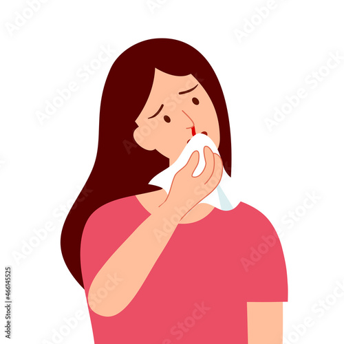 Young woman with a nosebleed in flat design on white background. photo