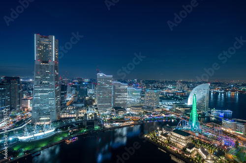 Yokohama Minato Mirai 21 seaside urban area in central Yokohama with Landmark tower at Magic hour