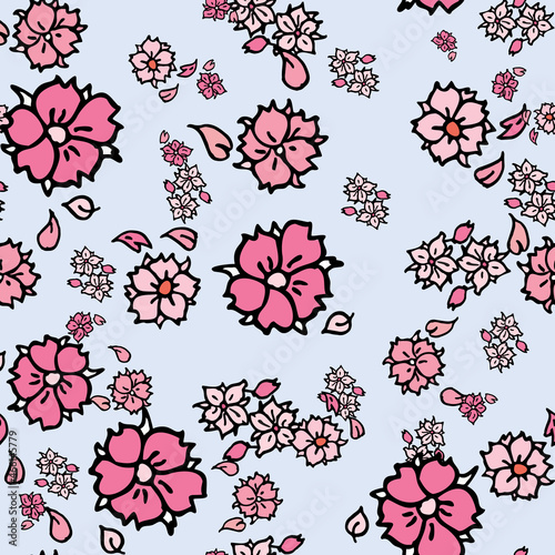 Vector blue background white pink cherry tree flowers and cherry blossom sakura flowers. Seamless pattern background