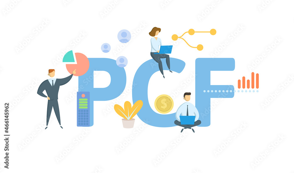 PCF, Petty Cash Fund. Concept with keyword, people and icons. Flat vector illustration. Isolated on white. PCF, Petty Cash Fund. Concept with keyword, people and icons. Flat vector illustration. Isolated on white.