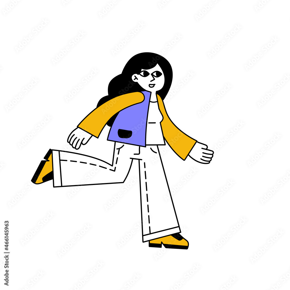 Woman runs. Hurrying character gestures. Flat cartoon illustration isolated on white. Happy girl in active motion. Outline cartoon isolated on white