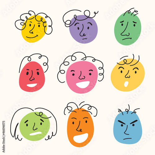 Funny round smiley faces with variants of emotions. Comical cartoon characters drawn by a line. A set of vector icons of faces of different personality. Flat design. Hand drawn vector illustration.