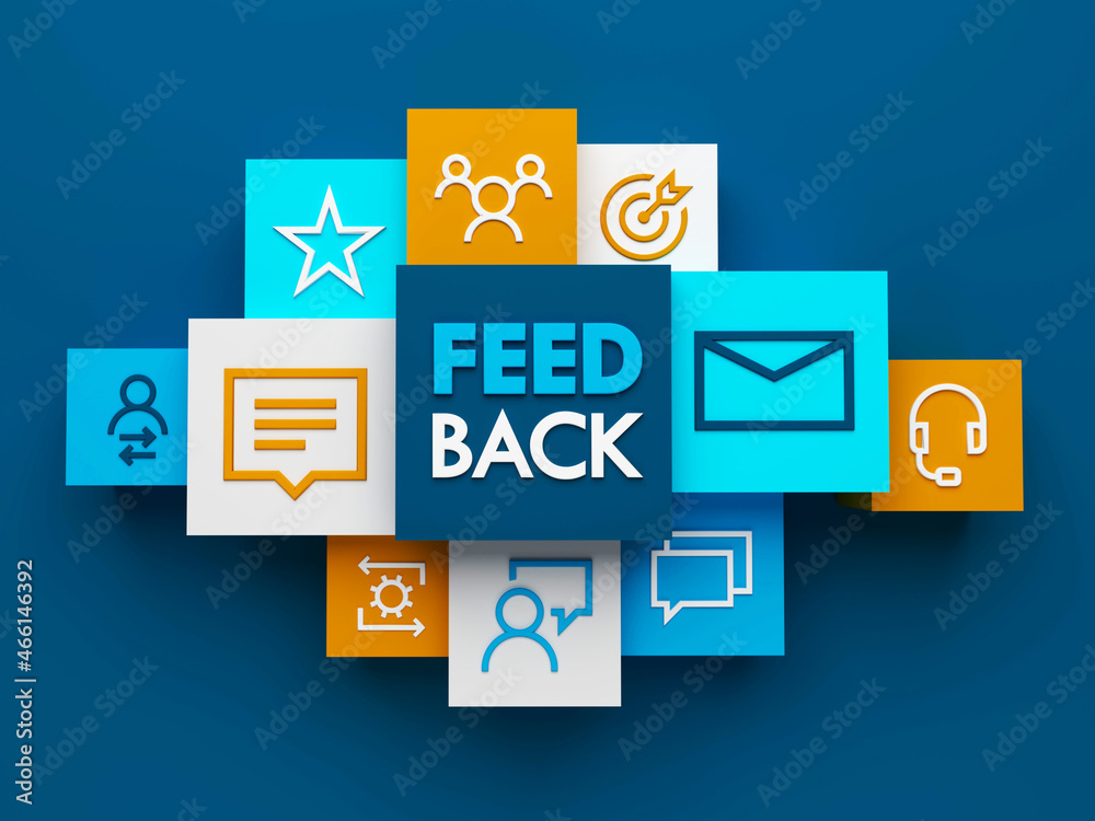 3D render of top view of FEEDBACK business concept with symbols on colorful cubes on dark blue background
