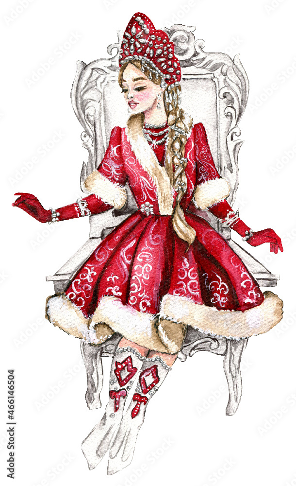 Watercolor Christmas set, Russian Snow Maiden, Russian costume Folk dress, gingerbread Man, gingerbread house, gingerbread train