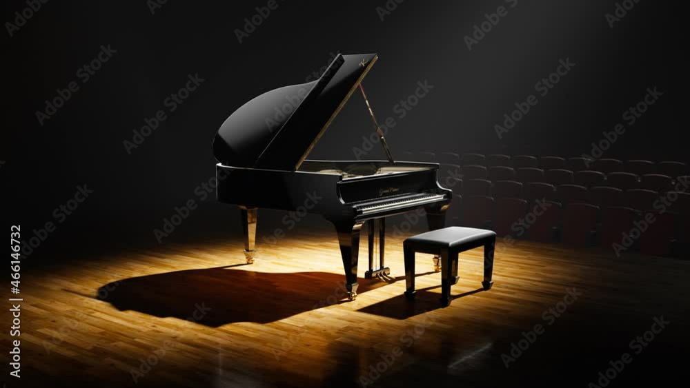 Luxurious grand piano standing on a stage. Concert hall. Classical instrument.