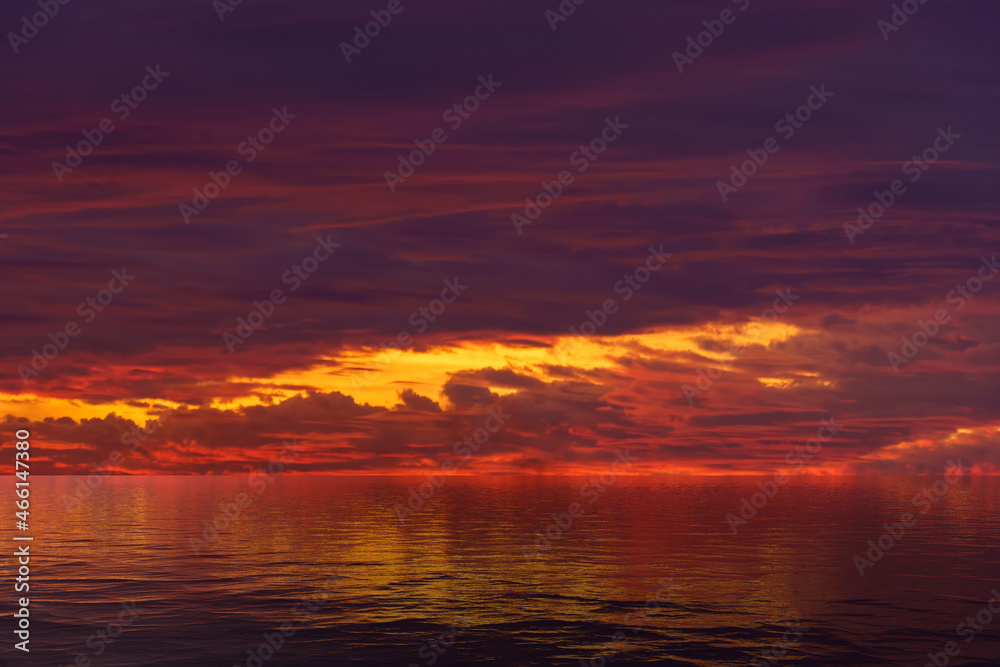 Seascape with red dramatic sunset
