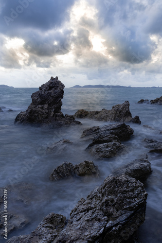 long exposure landscape, sea, rocks, clouds, sky, sunset