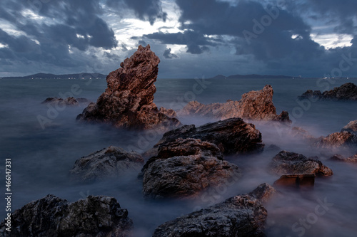 long exposure landscape, sea, rocks, clouds, sky, sunset