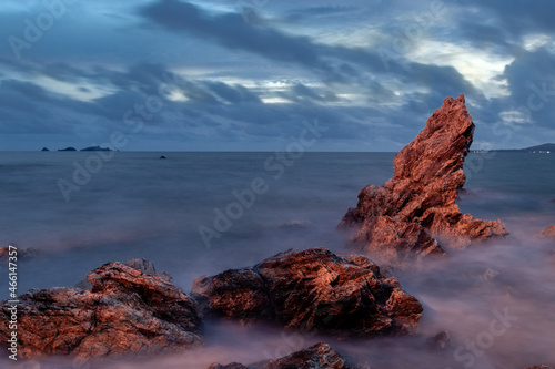 long exposure landscape, sea, rocks, clouds, sky, sunset