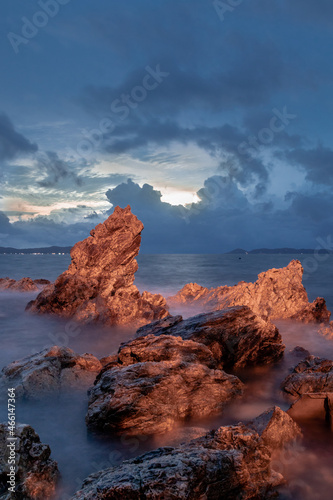 long exposure landscape, sea, rocks, clouds, sky, sunset