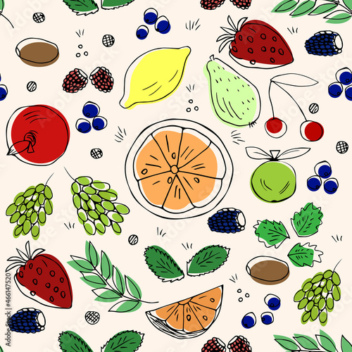 Fototapeta Naklejka Na Ścianę i Meble -  seamless set of hand-drawn cute colorful fruits and berries in the style of doodles for conceptual design. vector illustration isolated on a white background. orange, lemon, grape, raspberry, cherry