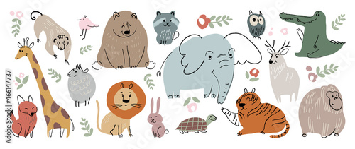 Cute animal vector set. Hand drawn characters.Vector illustration