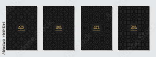 Set of cover design, vertical templates. Geometric volumetric convex ethnic 3D pattern, minimalist collection of black backgrounds, embossed texture, space for text. Oriental, Indonesian, Mexican