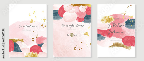 Elegant abstract watercolor wedding invitations vector set. Luxury gold and hand painted watercolor background decoration for save the date, greeting card, poster and cover design template.  
