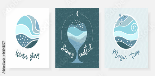 Winter snowy story Christmas time design square card banner post social media background.Template snowy cocktail card, magic time poster, blue vector illustration