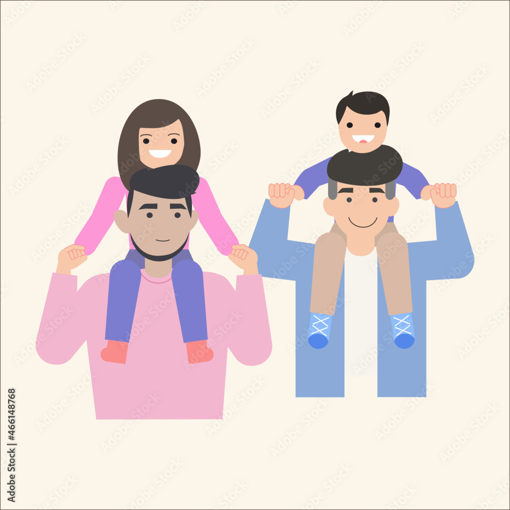 Parents giving piggyback ride to kids. LGBT parents. Parents giving piggyback ride to kids. LGBT parents.