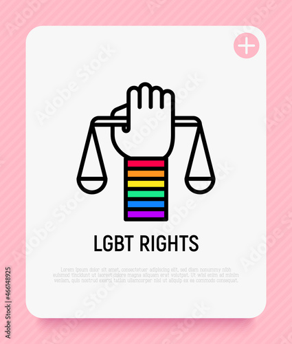 LGBT rights thin line icon: hand with scales and rainbow wristband. Modern vector illustration.