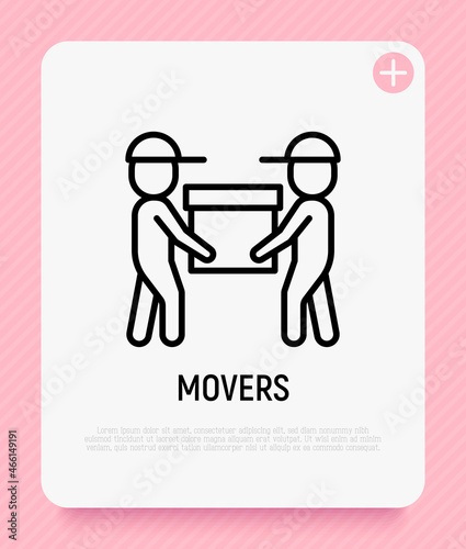 Two movers are holding the box. Thin line icon. Modern vector illustration of delivery service, moving service.