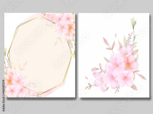 美しく華やかなピンク色桜飾りの磨りガラスゴールドフレームベクター素材