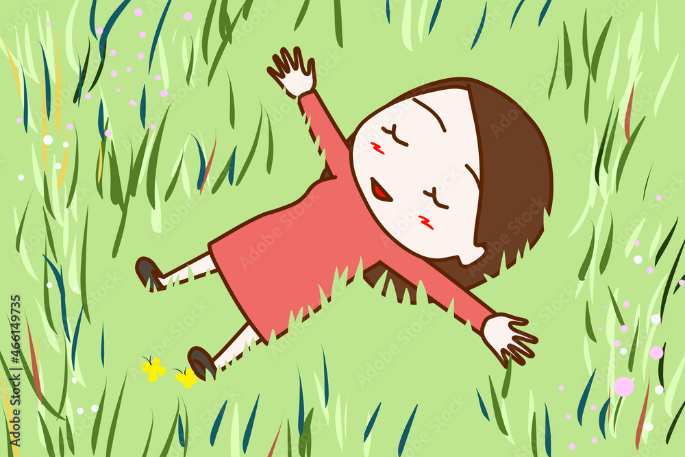 全身斜め 野原の中に気持ちよさそうにゴロンと寝転がる女性 Stock イラスト Adobe Stock